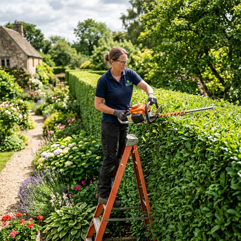 Landscaper trimming hedge